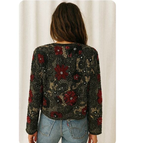 Vintage 90s Laurence Kazar New York Boho Floral Sequence Crop Jacket Rare - Picture 4 of 13